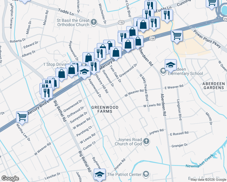 map of restaurants, bars, coffee shops, grocery stores, and more near 26 Gumwood Drive in Hampton