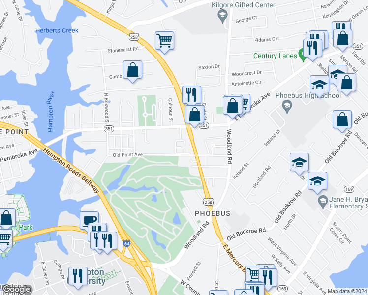 map of restaurants, bars, coffee shops, grocery stores, and more near 320 East Mercury Boulevard in Hampton