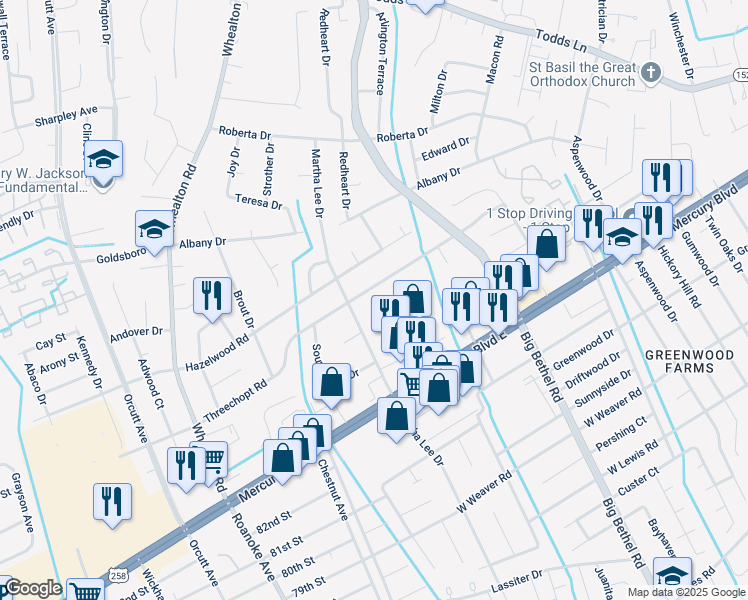 map of restaurants, bars, coffee shops, grocery stores, and more near 4022 Threechopt Road in Hampton
