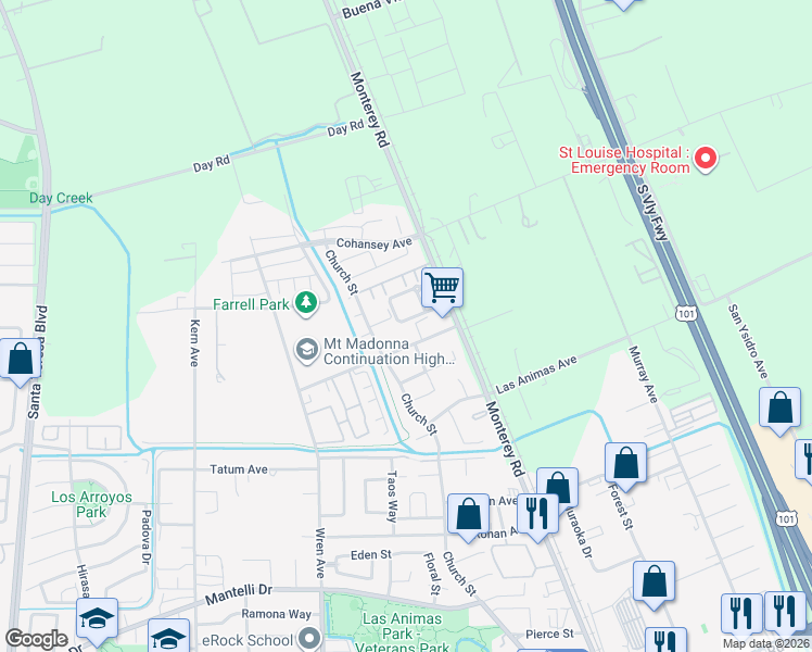 map of restaurants, bars, coffee shops, grocery stores, and more near 119 Farrell Avenue in Gilroy