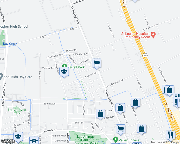 map of restaurants, bars, coffee shops, grocery stores, and more near 75 Farrell Avenue in Gilroy