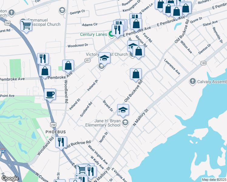 map of restaurants, bars, coffee shops, grocery stores, and more near 419 Institute Drive in Hampton