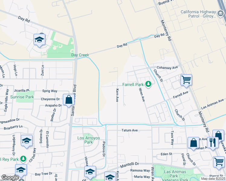 map of restaurants, bars, coffee shops, grocery stores, and more near 9485 Kern Avenue in Gilroy