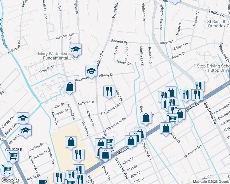 map of restaurants, bars, coffee shops, grocery stores, and more near 4703 Norris Court in Hampton