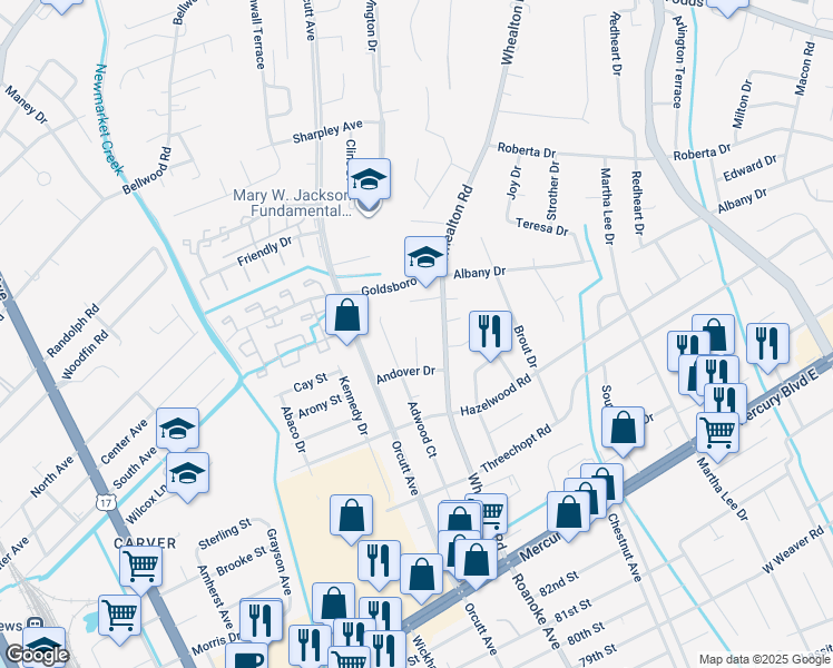 map of restaurants, bars, coffee shops, grocery stores, and more near 412 Samuelson Court in Newport News