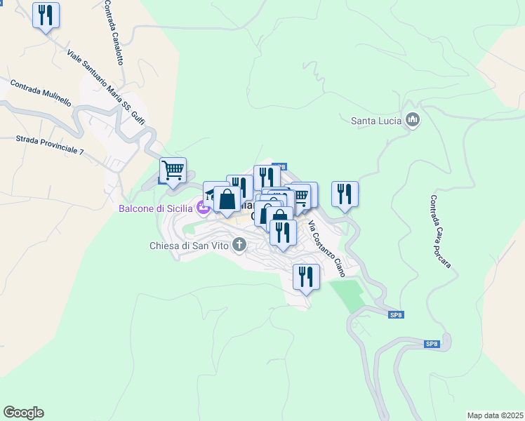 map of restaurants, bars, coffee shops, grocery stores, and more near in Chiaramonte Gulfi