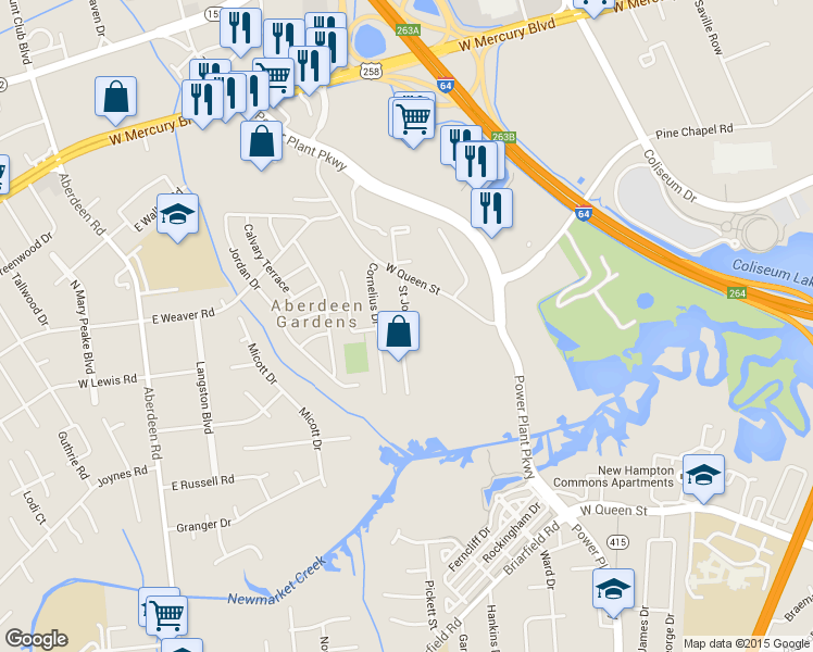 map of restaurants, bars, coffee shops, grocery stores, and more near 1741 West Queen Street in Hampton