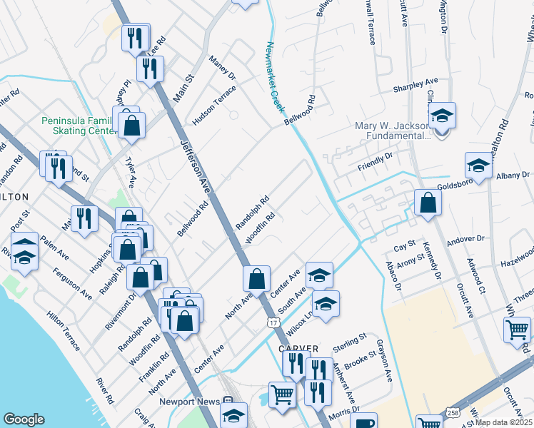 map of restaurants, bars, coffee shops, grocery stores, and more near 615 Woodfin Road in Newport News