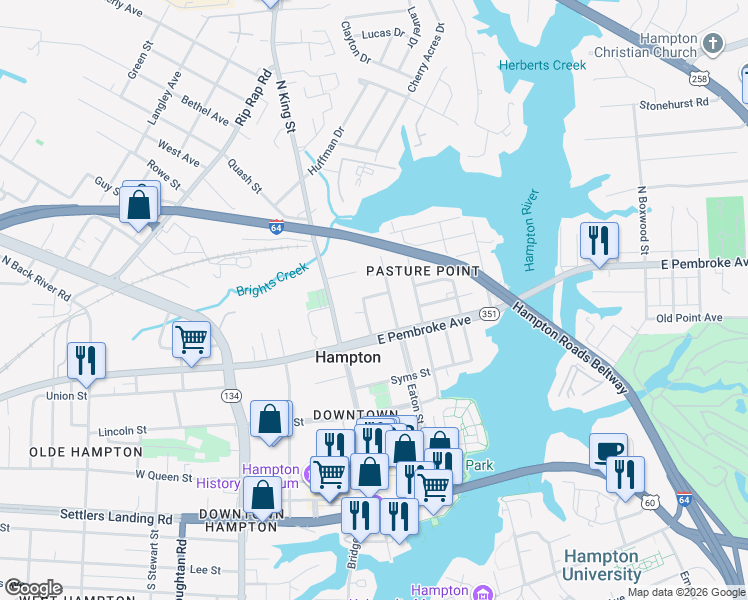 map of restaurants, bars, coffee shops, grocery stores, and more near 116 Poplar Avenue in Hampton