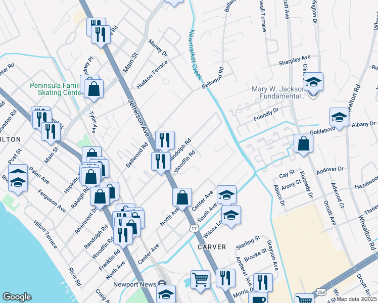 map of restaurants, bars, coffee shops, grocery stores, and more near 615 Woodfin Road in Newport News