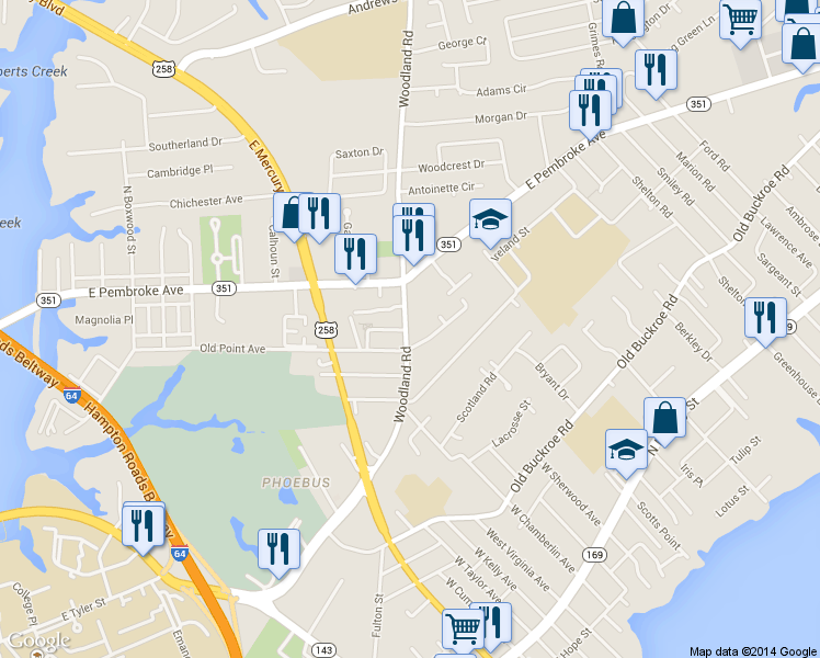 map of restaurants, bars, coffee shops, grocery stores, and more near 170 Woodland Road in Hampton