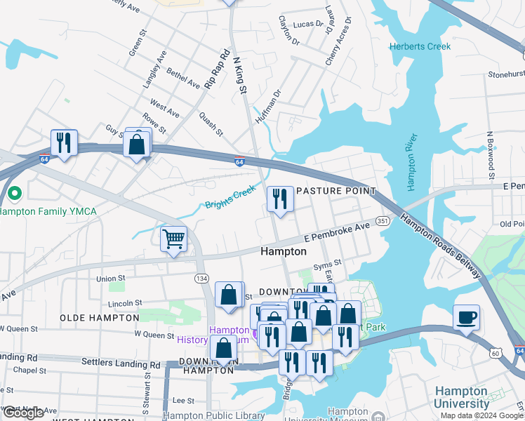 map of restaurants, bars, coffee shops, grocery stores, and more near 701 North King Street in Hampton