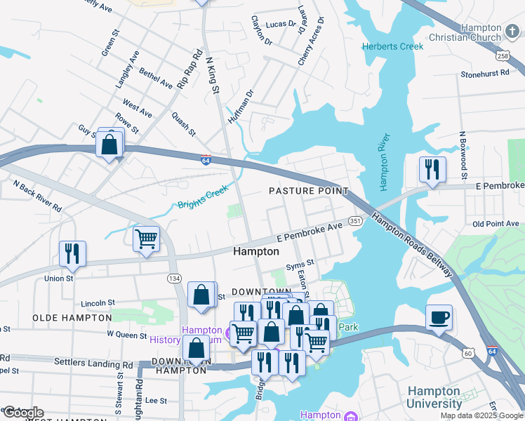 map of restaurants, bars, coffee shops, grocery stores, and more near 525 Wine Street in Hampton
