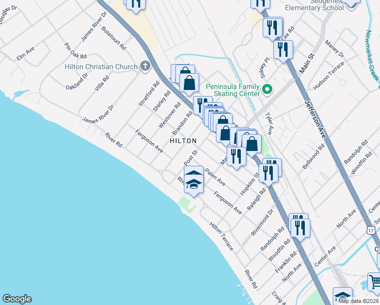 map of restaurants, bars, coffee shops, grocery stores, and more near 71 Post Street in Newport News