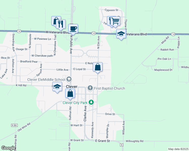 map of restaurants, bars, coffee shops, grocery stores, and more near Canon Avenue in Clever