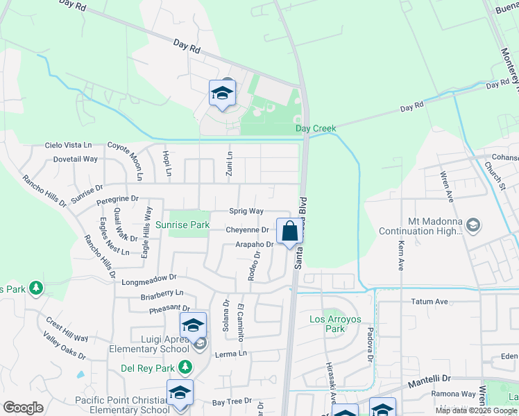 map of restaurants, bars, coffee shops, grocery stores, and more near 9642 Cherrywood Court in Gilroy