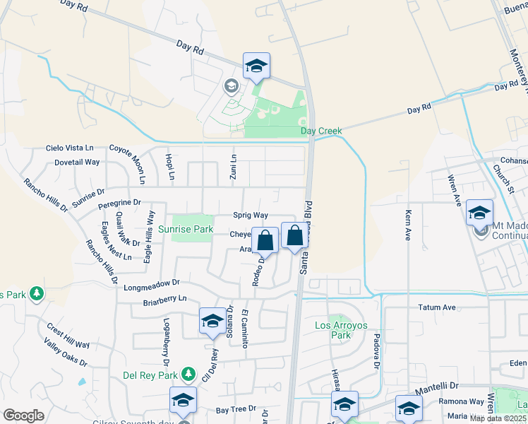map of restaurants, bars, coffee shops, grocery stores, and more near 9632 Cherrywood Court in Gilroy
