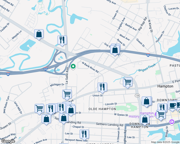 map of restaurants, bars, coffee shops, grocery stores, and more near 818 Roosevelt Street in Hampton