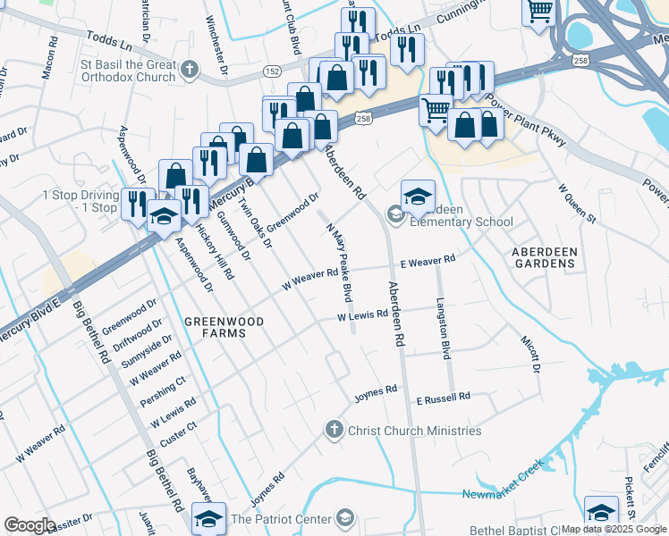 map of restaurants, bars, coffee shops, grocery stores, and more near 2600 West Weaver Road in Hampton