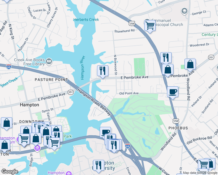 map of restaurants, bars, coffee shops, grocery stores, and more near 8 Magnolia Place in Hampton