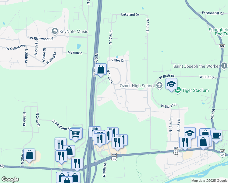 map of restaurants, bars, coffee shops, grocery stores, and more near 1407 North 17th Street in Ozark
