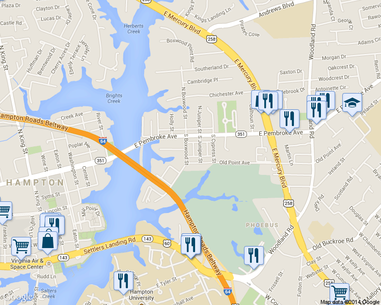 map of restaurants, bars, coffee shops, grocery stores, and more near 13 South Boxwood Street in Hampton