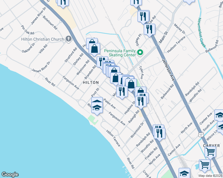 map of restaurants, bars, coffee shops, grocery stores, and more near 311 Piez Avenue in Newport News