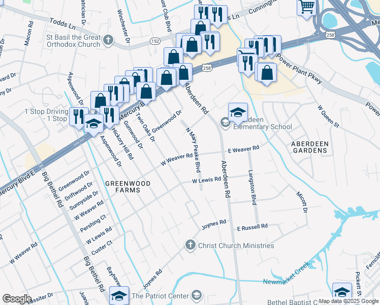 map of restaurants, bars, coffee shops, grocery stores, and more near 2600 West Weaver Road in Hampton