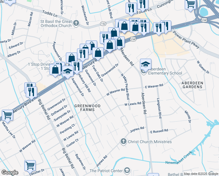 map of restaurants, bars, coffee shops, grocery stores, and more near 37 Twin Oaks Drive in Hampton