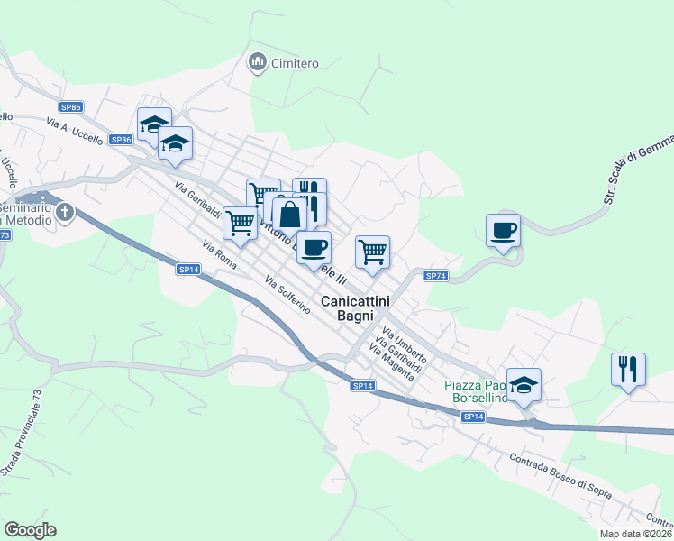 map of restaurants, bars, coffee shops, grocery stores, and more near 182 Via Regina Elena in Canicattini Bagni