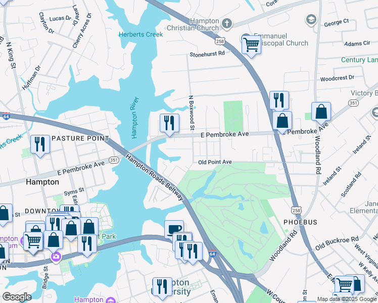 map of restaurants, bars, coffee shops, grocery stores, and more near 14 South Boxwood Street in Hampton
