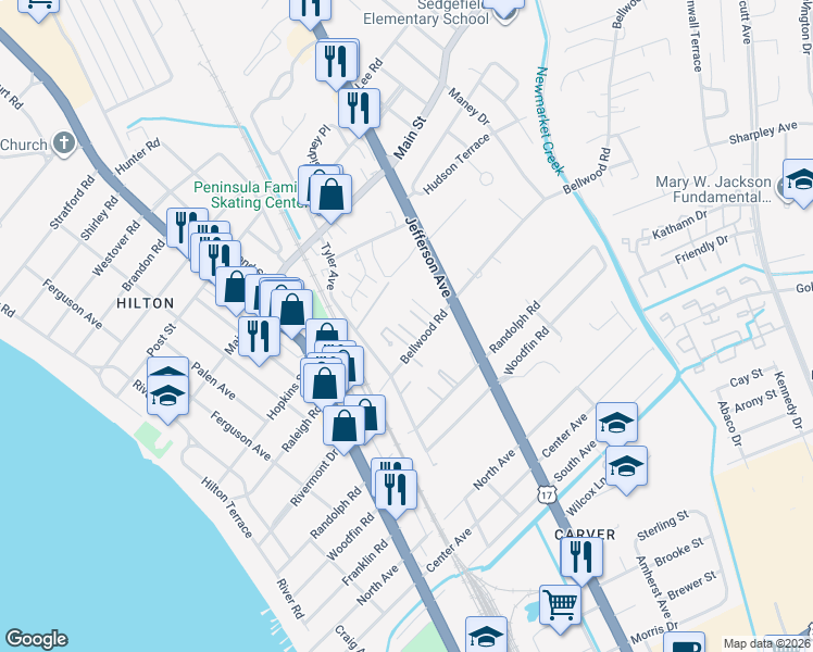 map of restaurants, bars, coffee shops, grocery stores, and more near 537 Bellwood Road in Newport News