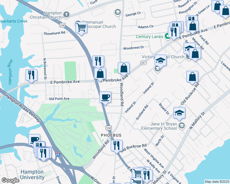 map of restaurants, bars, coffee shops, grocery stores, and more near 16 Godspeed Way in Hampton
