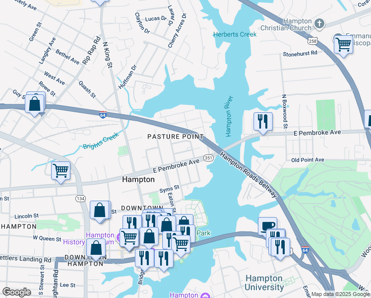 map of restaurants, bars, coffee shops, grocery stores, and more near 333 Elm Avenue in Hampton