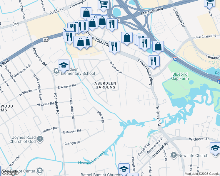 map of restaurants, bars, coffee shops, grocery stores, and more near 13 Sharon Court in Hampton