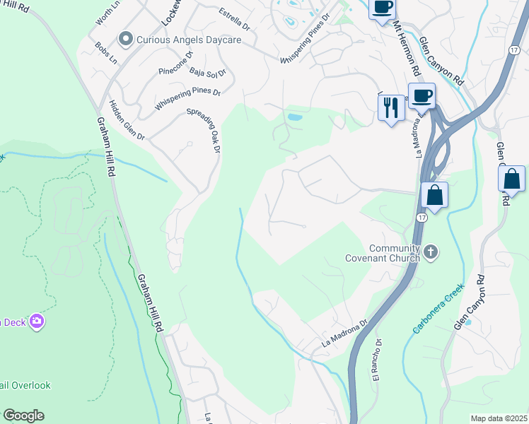 map of restaurants, bars, coffee shops, grocery stores, and more near 601 Lassen Park Court in Scotts Valley