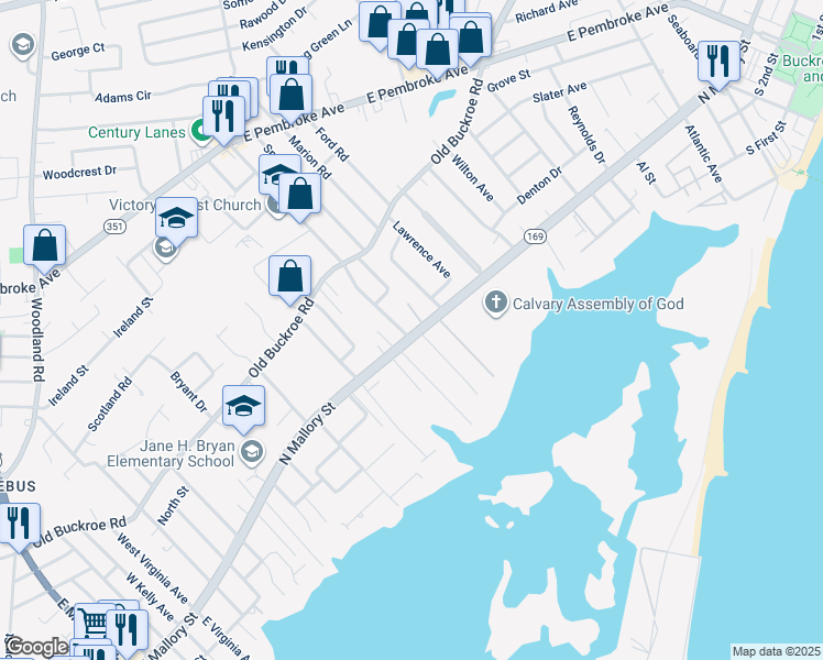 map of restaurants, bars, coffee shops, grocery stores, and more near 2 Shelton Road in Hampton
