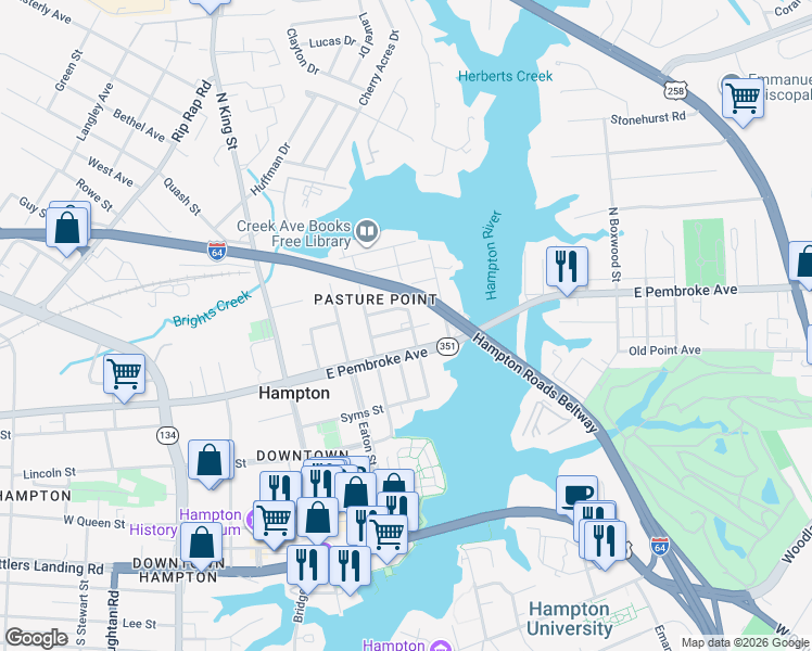 map of restaurants, bars, coffee shops, grocery stores, and more near 501 Marshall Street in Hampton