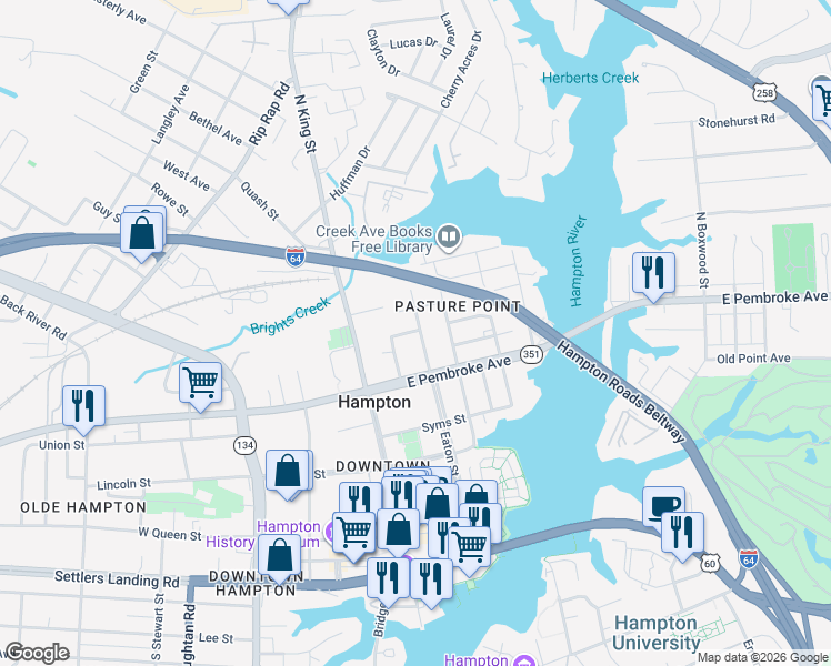 map of restaurants, bars, coffee shops, grocery stores, and more near 116 Poplar Avenue in Hampton