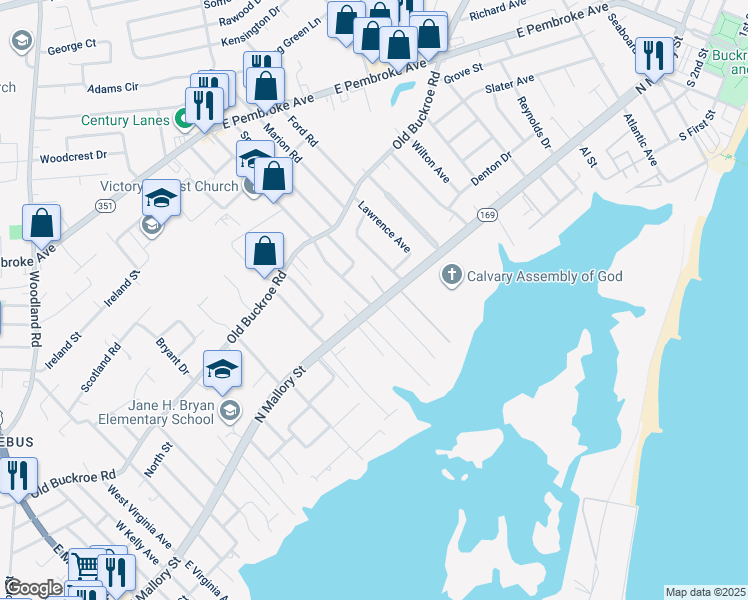 map of restaurants, bars, coffee shops, grocery stores, and more near 2 Shelton Road in Hampton