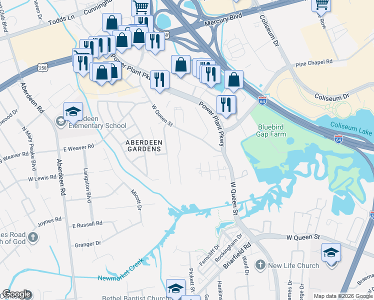 map of restaurants, bars, coffee shops, grocery stores, and more near 1741 West Queen Street in Hampton