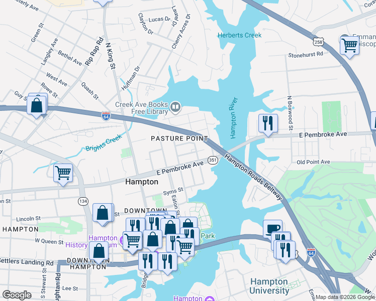 map of restaurants, bars, coffee shops, grocery stores, and more near 501 Marshall Street in Hampton