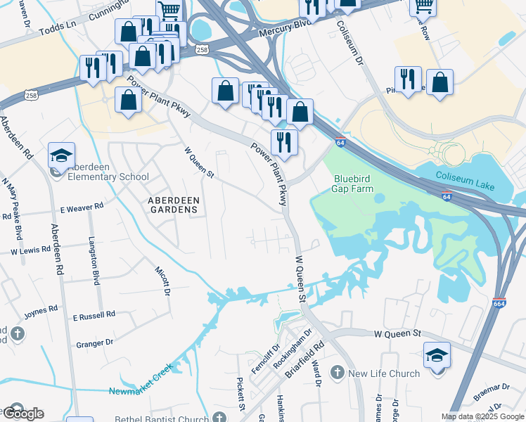 map of restaurants, bars, coffee shops, grocery stores, and more near 1709 West Queen Street in Hampton