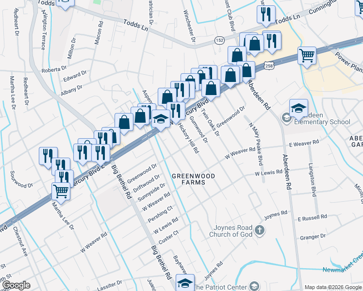 map of restaurants, bars, coffee shops, grocery stores, and more near 18 Hickory Hill Road in Hampton