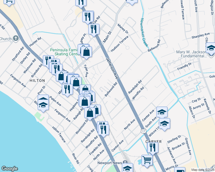 map of restaurants, bars, coffee shops, grocery stores, and more near 537 Bellwood Road in Newport News