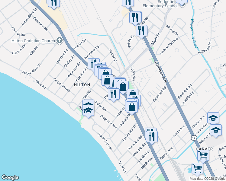 map of restaurants, bars, coffee shops, grocery stores, and more near 99 Main Street in Newport News