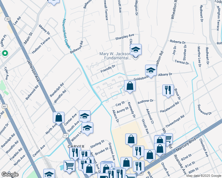 map of restaurants, bars, coffee shops, grocery stores, and more near 5109 Goldsboro Drive in Hampton