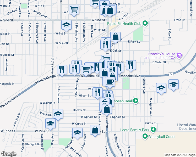 map of restaurants, bars, coffee shops, grocery stores, and more near 130 West Pancake Boulevard in Liberal