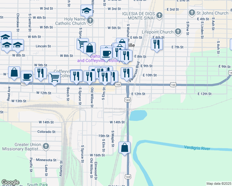 map of restaurants, bars, coffee shops, grocery stores, and more near 202 West 12th Street in Coffeyville