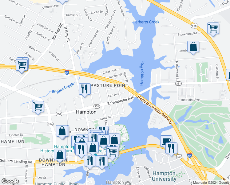 map of restaurants, bars, coffee shops, grocery stores, and more near 333 Elm Avenue in Hampton